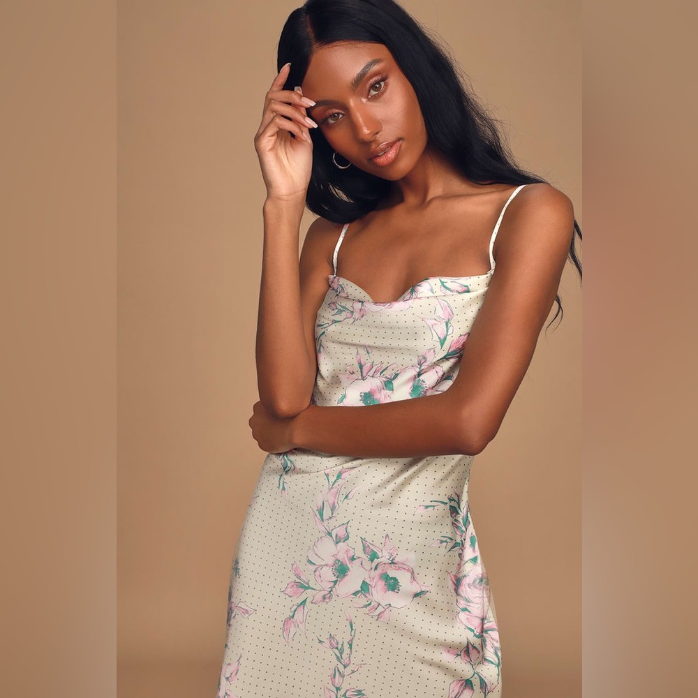 Lulus How To Be A Heartbreaker Cream Multi Print Satin Slip Mini Dress